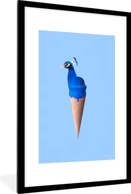 Produktbild von MuchoWow® Gerahmtes Poster Pfau - Eistüten - Eiscreme - Blau - Vogel 60x90 cm - Poster mit Schwarzem Bilderrahmen Wandposter Rahmen Foto Bilder - Dekoration - Wandposter Wohnzimmer - Hochwertig