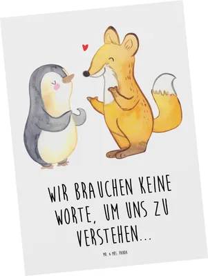 Produktbild von Mr. & Mrs. Panda Postkarte Fuchs & Pinguin gehörlos - Weiß - Geschenk, Ansichtskarten, Ansichtskarte, Gebärdensprache, Postkarten, Fotokarte, Grußkarte