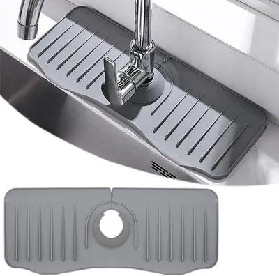 Productafbeelding van Siliconen afvoerkappen voor de keuken of badkamer, 40 cm x 15 cm, grijs, model B, met spatbescherming en afvoerputje