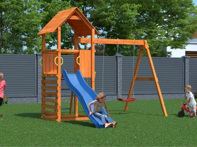 Produktbild von Spielturm Bento A teakfarben inkl. Rutsche blau