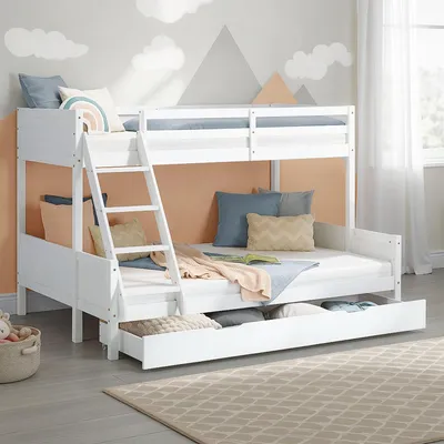 Produktbild von Homestyle4u Kinderbett Etagenbett 90x200 und 140x200 mit Bettkasten Jugendbett Hochbett Weiß Holz