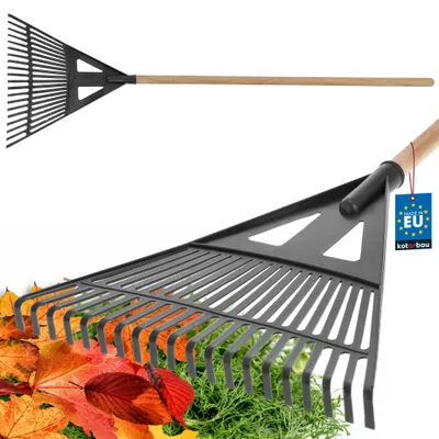 Image de KOTARBAU® Râteau à feuilles en plastique 43 cm, râteau de jardin avec manche en bois de 100 cm, râteau pour les feuilles d'automne et les déchets de taille de haie, balai en éventail pour le foin, balai à feuilles, râteau à feuilles