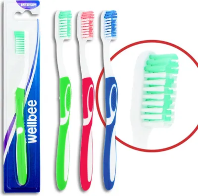 Immagine prodotto di WELLBEE Spazzolino da denti medio per adulti (confezione blister da 4 pezzi) - Colori assortiti 1 pezzo