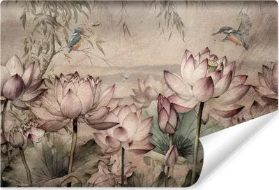 Produktbild von Muralo Selbstklebende Fototapete LOTUSBLUMEN Blätter Vögel Libellen Pflanzen Beton Retro Br. 520cm x Hö. 318cm