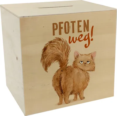 Produktbild von Katze Spardose aus Holz mit Spruch Pfoten weg