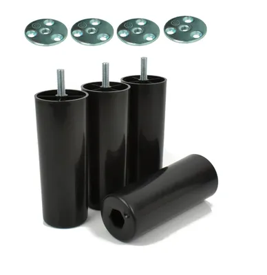 Zdjęcie produktu dla Zestaw 4 sztuk plastikowych nóżek meblowych, czarne, M8 x 25 mm, wysokość 130 mm, w zestawie 4 stalowe płytki montażowe o średnicy 40 mm, nóżki meblowe do sofy, łóżka i szafy
