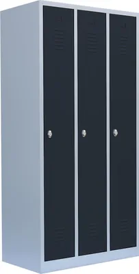 A three-door locker made of metal, shown from a three-quarter angle against a white background.