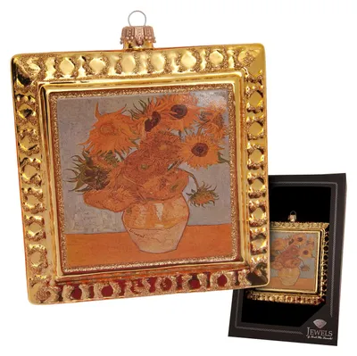 Produktbild von Krebs Glas Lauscha Weihnachtsbaumschmuck - Sonnenblumen von Van Gogh - mit Rahmen in Gold - Glas - ca. 12,5 15 cm