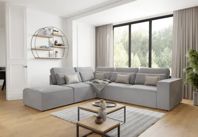 Produktbild von S-STYLE MÖBEL - Margarete - Modulare Ecksofa in Hellgrau Samt-Stoff mit Rücken und Lendenkissen, B/T/H: 305 cm / 281 cm / 90 cm, Ottomane links