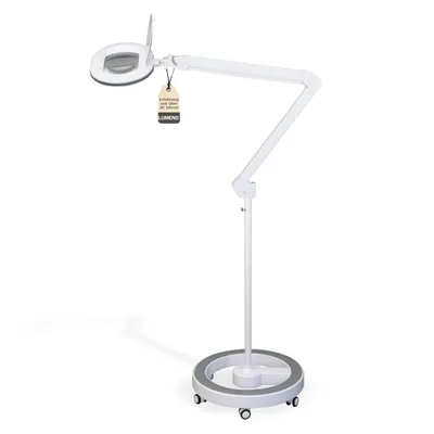 Produktbild von Lumeno 861XGR Lupenleuchte/Arbeitsplatzlampe 60 LEDs ovale Linse Gummiring Grau, 3 Dioptrien mit Rollstativ