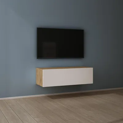 Produktbild von Mai & Mai Fernsehschrank Verdeckter Griff mit Soft-Close Lowboard Hängeschrank für Wohnzimmer in Kerneiche + Matt Weiß BTH: 100x40,2x30 cm Fernsehschrank02