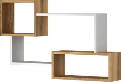 A modern, modular wall shelf unit with two brown wood-grain compartments and one white compartment.