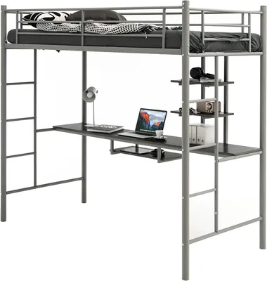 Produktbild von GOPLUS Hochbett aus Metall mit Schreibtisch, 2-in-1 Kinderbett mit Arbeitsplatz, Ablagen, 2 Leitern & durchgehendem Geländer, platzsparender Etagenbettrahmen