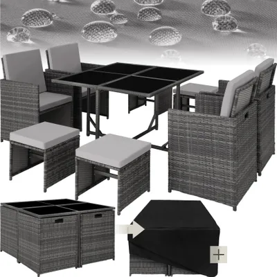 A rattan garden furniture set is displayed with water droplets on a textured background.