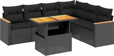 Produktbild von vidaXL 7-tlg. Garten-Sofagarnitur mit Kissen Schwarz Poly Rattan