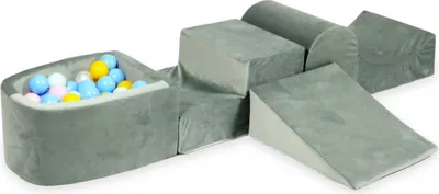 Produktbild von Schaumstoff-Spielset mit Hügel und Mikro-Bällepool – Samtgrau mit Bällebadbällen 100 Stück / Hellmint, Hellrosa, Hellblau, Perlmutt, Gelb