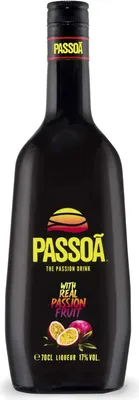 A bottle of Passoa passion fruit liqueur against a white background.