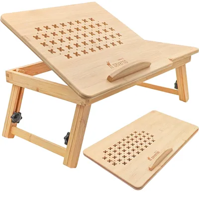 Obrázok produktu pre Drevený stolík na notebook – Sklopný stojan na notebook do postele – Nastaviteľný – S ventiláciou – Obdĺžnikový – Samostojací