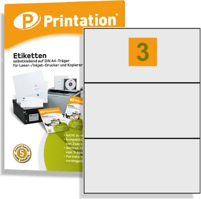 Produktbild von Printation Universal Etiketten 210 x 99 mm weiß 300 Klebeetiketten auf 100 DIN A4 Bogen 3x1 210x99 selbstklebend - 4664
