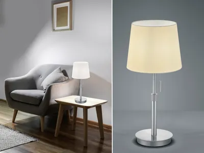 Produktbild von Ausgefallene runde Stofflampe Tischleuchte mit Zugschalter und verstellbarem Fuß