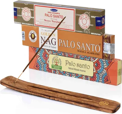 Produktbild von Räucherstäbchen Set Palo Santo – 3 Sorten indisches Räucherwerk + Halter