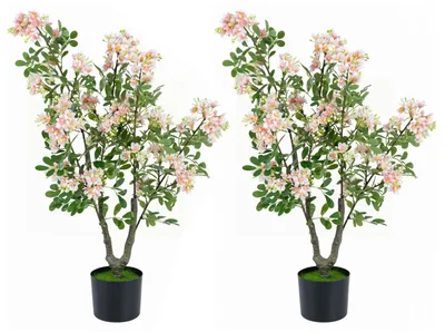 Produktbild von COSTWAY 2er Set Künstlicher Impatiens Baum, Kunstpflanze im Topf mit 210 Seidenblumen, 55 Blättern, Kunstgras & Mini-Früchten,deko Kunstbaum 90cm Rosa