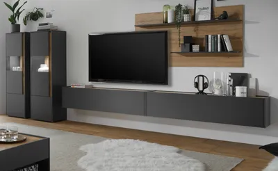 Produktbild von Wohnwand Center grau matt Eiche Schrankwand 5-teilig 440 x 180 cm mit XXL TV-Board hängend