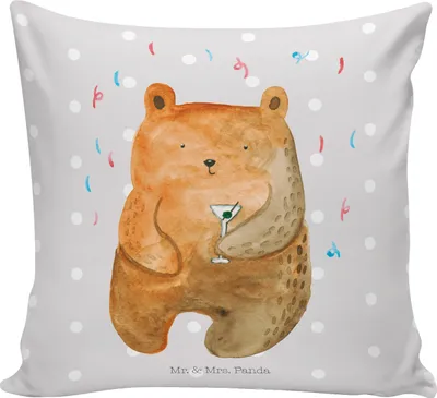 Produktbild von Mr. & Mrs. Panda Dekokissen 40x40 Bär Party - Grau Pastell - Geschenk, Deko Kissen, Geburtstag, Gute Laune, Geburtstagsgeschenk, kuschelkissen, Lustig, bedruckt, Sofa
