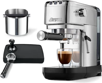 Produktbild von Tchibo “Lapressa Siebträger Profi Set” mit Tamper, Tampermatte, Abklopfbehälter, Doppelauslauf und Milchaufschäumdüse für Espresso und Milchschaum Barista Profiset, Edelstahl