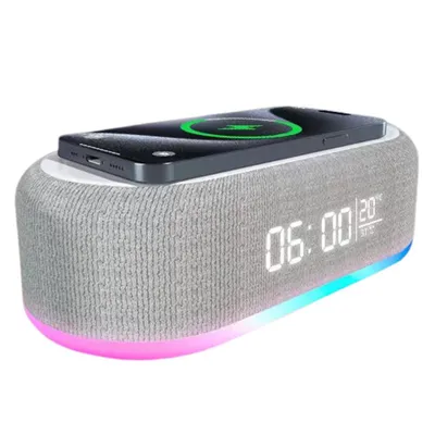 Obrázek produktu pro Digitální budík s bezdrátovou nabíječkou, rychlá bezdrátová nabíječka pro telefony iPhone/Android, USB nabíječka a Bluetooth reproduktor s nastavitelnou intenzitou světla