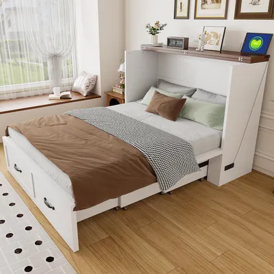Produktbild von MODFU Schrankbett 140×200 mit Ausziehfunktio,Wandbett Klappbett mit Rollen,Steckdose und Metallrahmen,ohne Matratze,Weiß