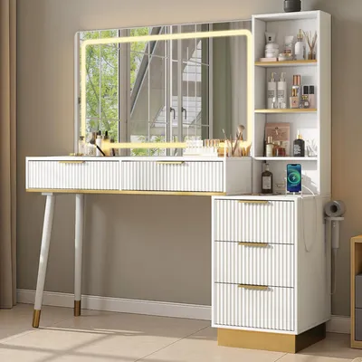 Immagine prodotto di Comò da trucco con specchio a LED e porta USB, 5 cassetti, piano in vetro, dimensioni 122x40x137 cm