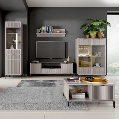 Produktbild von Wohnwand Kaschmir beige LAURO-161 modern mit Rillenoptik 5-teilig