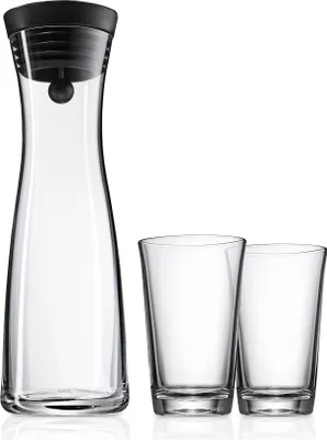 Produktbild von WMF Basic Wasserkaraffe Set 3-teilig, Karaffe 1l mit 2 Wassergläser 250ml, Glas, Höhe 30,2 cm, Glaskaraffe mit Deckel, Silikondeckel, CloseUp-Verschluss