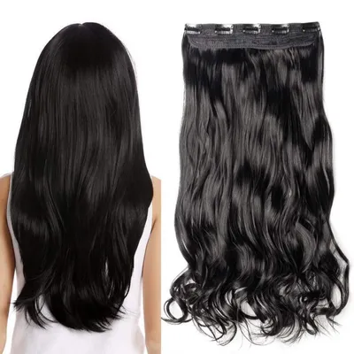 Obrázek produktu pro Clip-in prodlužovací vlasy, vlnité, 43 cm, černé, 1 kus, 5 sponek, syntetické vlasy