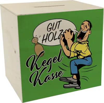Produktbild von Kegelkasse Spardose aus Holz Gut Holz in grün mit lustigem Kegelspieler Motiv