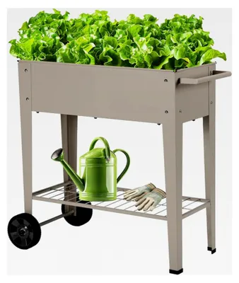Produktbild von Metall-Hochbeet mit Rädern und Ablage 84,5 x 45 x 80 cm, Blumenkasten für Frühbeet, Kräuterbeet und Gemüsebeet, Gartenbeet für Balkon, Garten und Terrasse in Grau
