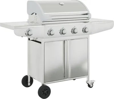 A stainless steel gas grill with four burners and storage cabinets below, shown on a white background.