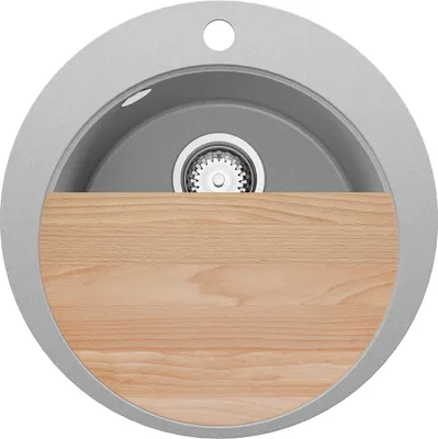 Produktbild von PRIMAGRAN Spülbecken Rund Grau 50x50cm, Granitspüle 1 Becken + Ablauf-Set + Schneidebrett, Küchenspüle ab 45er Unterschrank - Pisa