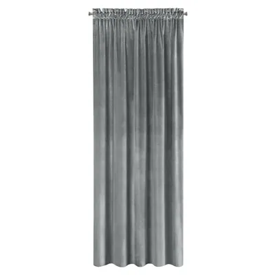 A single gray curtain hanging vertically against a white background.