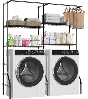 Produktbild von Waschmaschinen Trockner Regal - 4-stöckiger Überbau - Verstellbare Größe - Kleiderstange und Haken - Kohlenstoffstahl - Wasserdicht - Schwarz