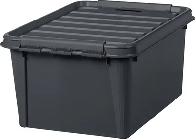 A dark gray storage box with a lid is shown from a slightly elevated side angle against a light gray background.