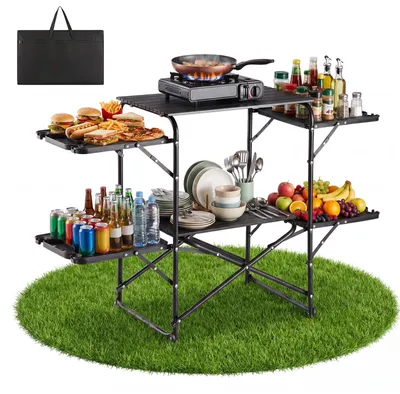 Immagine prodotto di VEVOR, cucina da campeggio pieghevole, stazione cottura da campeggio con 4 tavolini laterali, piano di lavoro resistente al calore e borsa per il trasporto. Ideale per picnic, barbecue e viaggi in camper