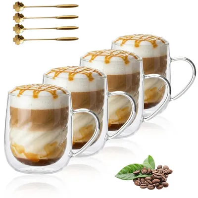 Produktbild von Latte Macchiato Gläser 450ml Doppelwandig mit Henkel 4er Set inkl. Gold-Löffel
