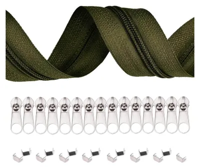 6m Endlos-Reißverschluss 5mm mit 15 Zippern und 15 Endstücke khaki