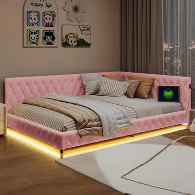 Produktbild von Gepolsterte Schlafsofa - Tagesbett - 140 x 200 cm - Teddyplüschstoff - Stauraum - LED-Beleuchtung und USB-Anschluss - Rosa