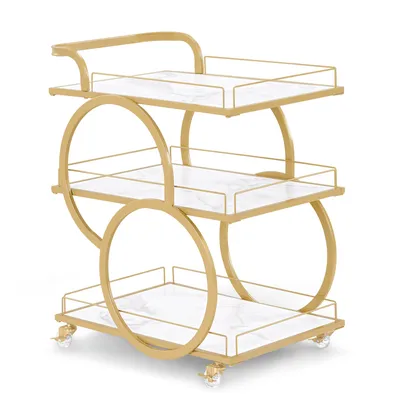 A three-tiered serving cart with a gold metal frame and white marble-patterned shelves, shown against a white background.