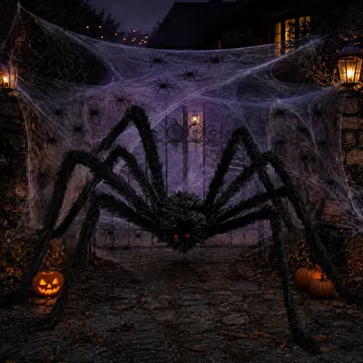 Productafbeelding van Halloween spinnendecoratieset - 2 m grote zwarte spin met spinnenweb