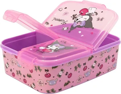 A pink lunchbox with a purple interior, decorated with cartoon characters and cherries.