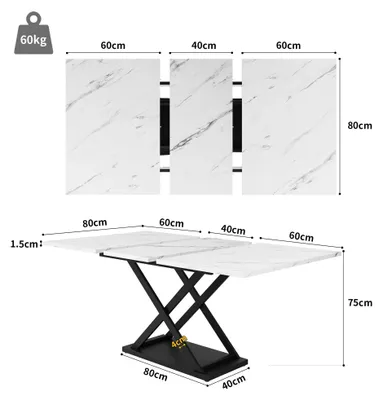 Produktbild von Esstisch - Ausziehbarer Teleskoptisch - 120–160×80 cm - Platzsparend - Metallgestell mit schwarzen Kreuzbeinen - Weiß